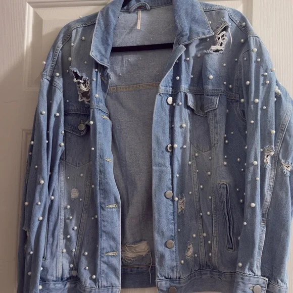 Free People Light Blue Pearl-Studded Distressed Denim Jacket - Picture 3 of 5